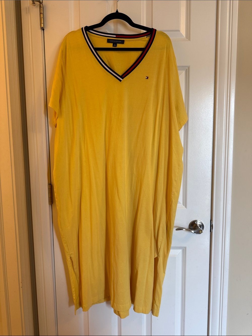 Tommy Hilfiger Bright Yellow V-Neck Maxi Dress with Striped Trim